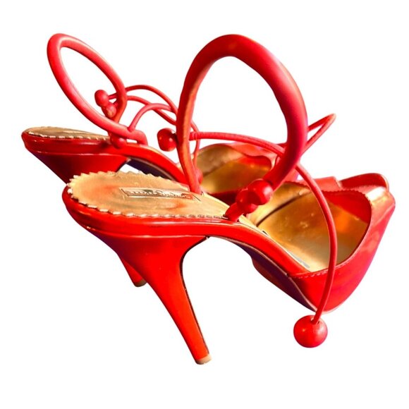 Report Signature Size 9 Red Strappy Peep-Toe Heels Gold Insole Stiletto - Picture 4 of 9
